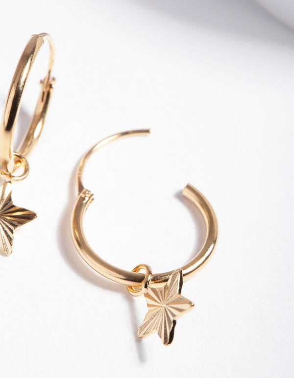 Gold Plated Sterling Silver Textured Star Hoop Earrings