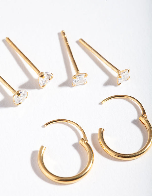 Gold Plated Sterling Silver Cubic Zirconia Stud Hoop Earring Pack