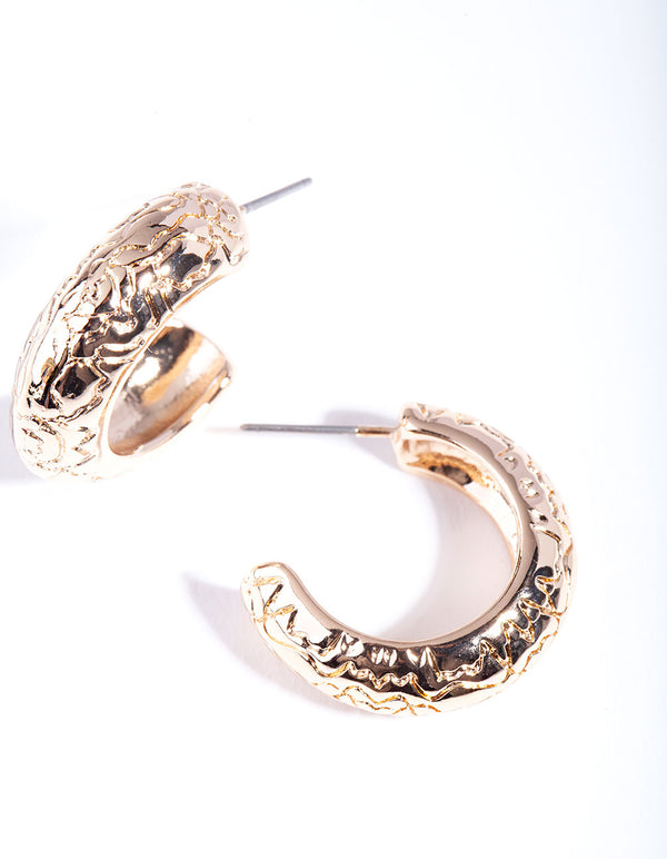 Gold Mini Etched Chunky Hoop Earrings