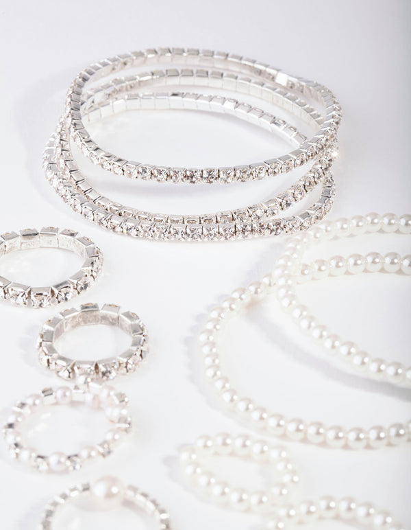 Silver Diamante & Pearl Bracelet & Ring Pack