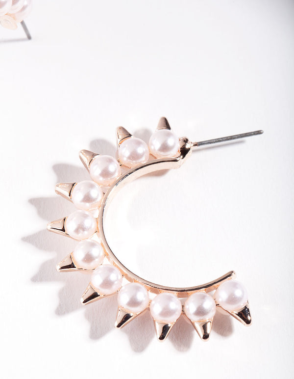 Rose Gold Pearl Spike Hoop Earrings