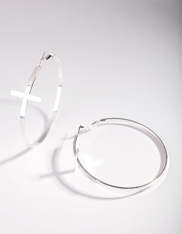 Silver Oversized Cross Hoop Earrings