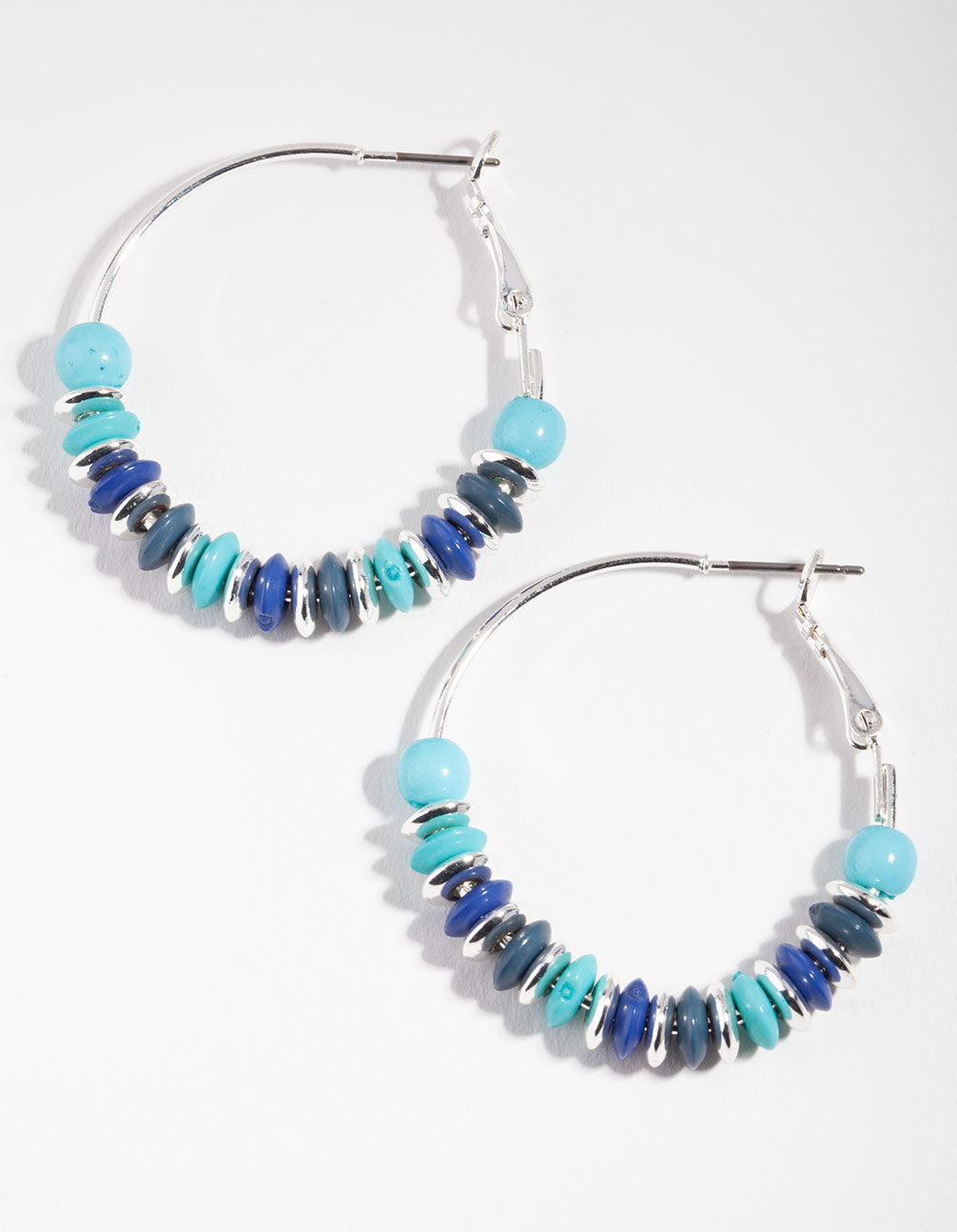 Silver Blue Bead Half Hoop Earrings