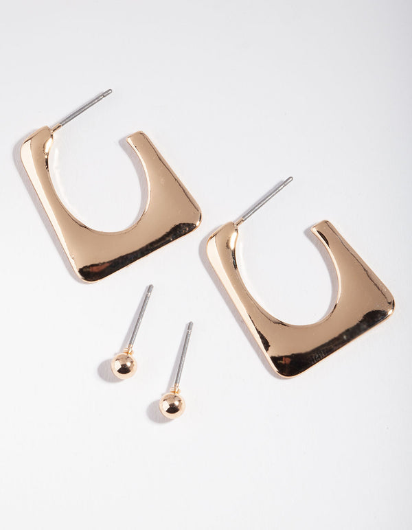 Gold Square Oval Stud Hoop Earring Pack