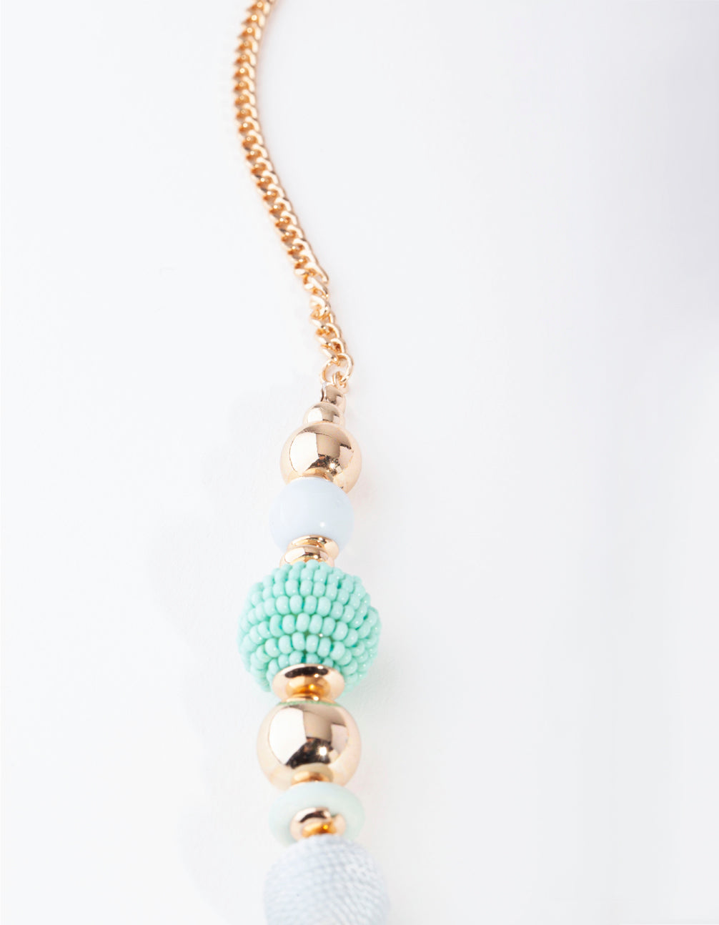 Gold Blue Round Bead Long Necklace