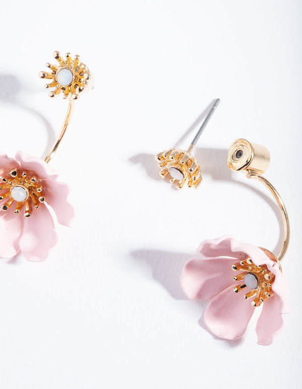 Rose Gold Pink Flower Jacket Earrings