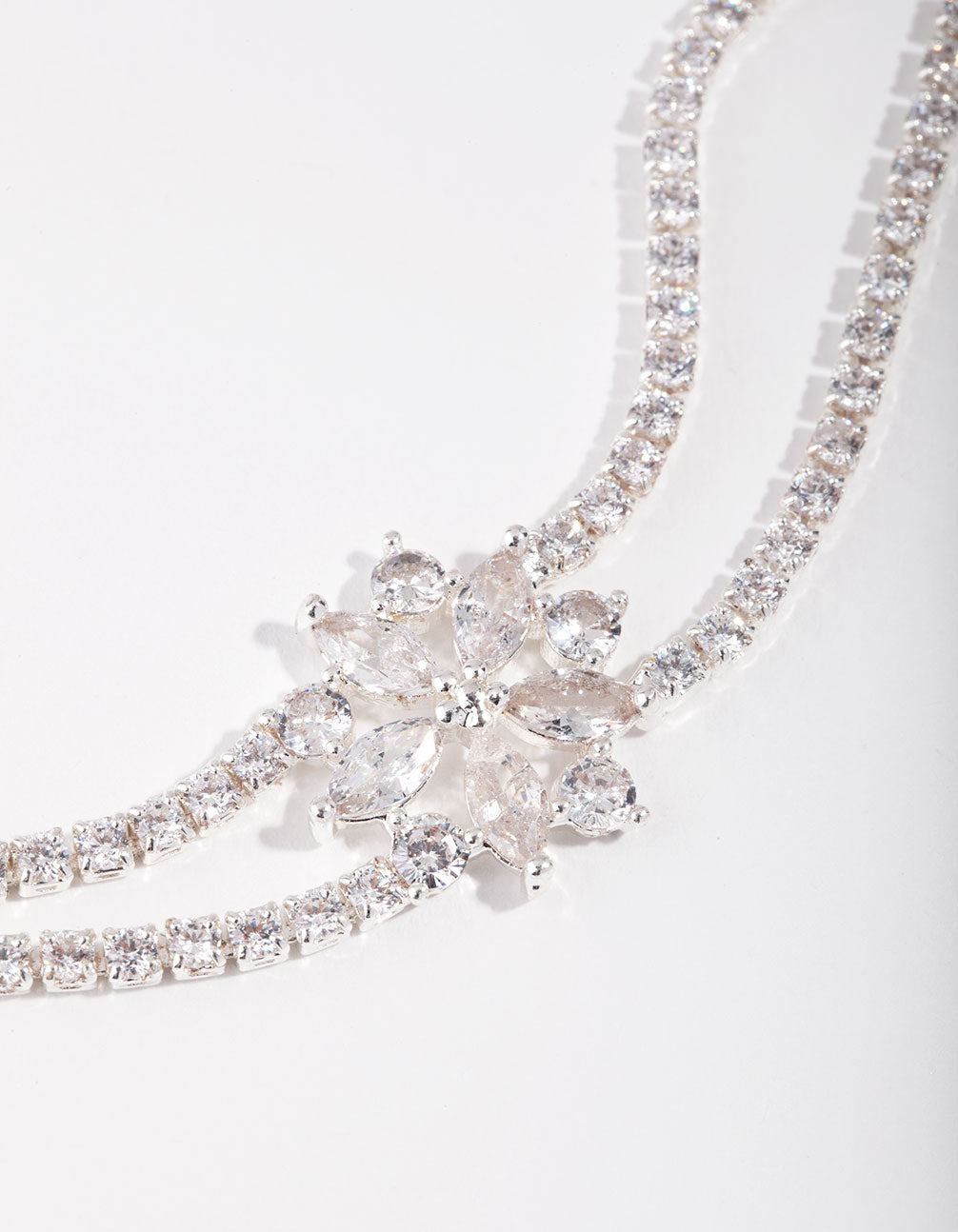 Silver Cubic Zirconia Flower 2 Row Choker