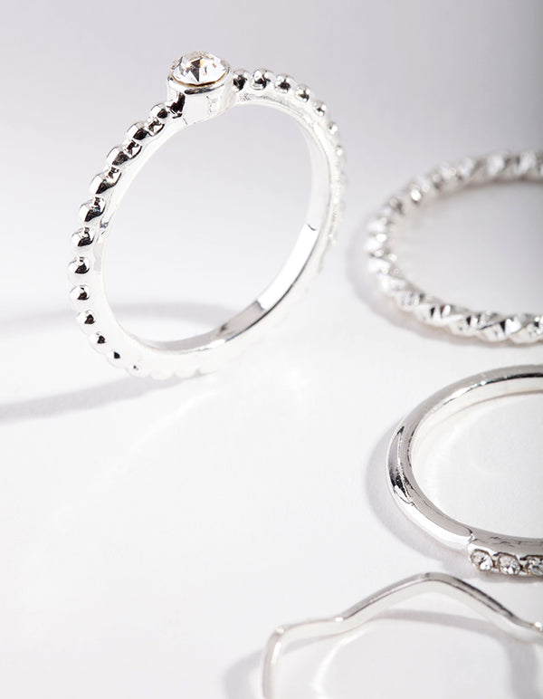 Silver Diamante Mixed Band Ring 6-Pack