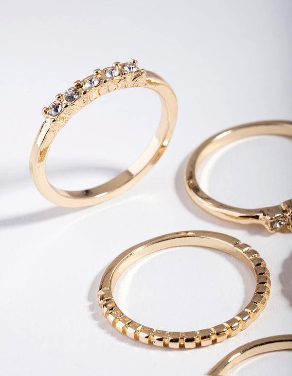 Gold Diamante & Chain Ring 5-Pack