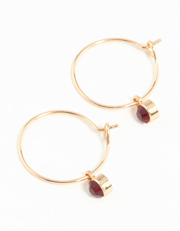 Gold Red Stone Fine Hoop Earrings
