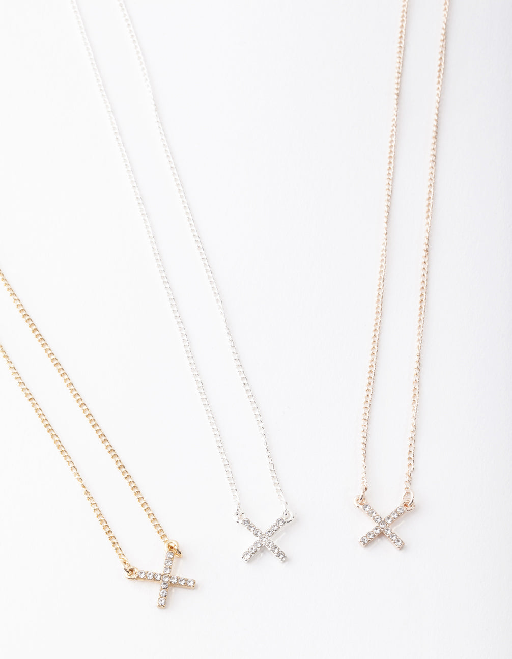 Mixed Metal Diamante Cross Necklace Pack