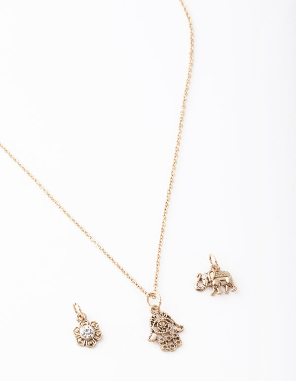 Gold Hand & Elephant Charm Necklace