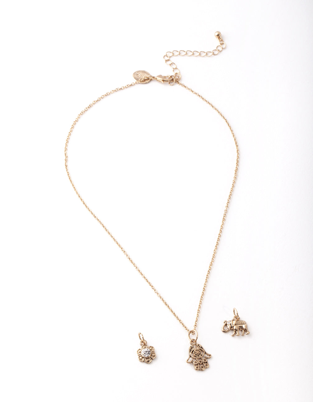 Gold Hand & Elephant Charm Necklace