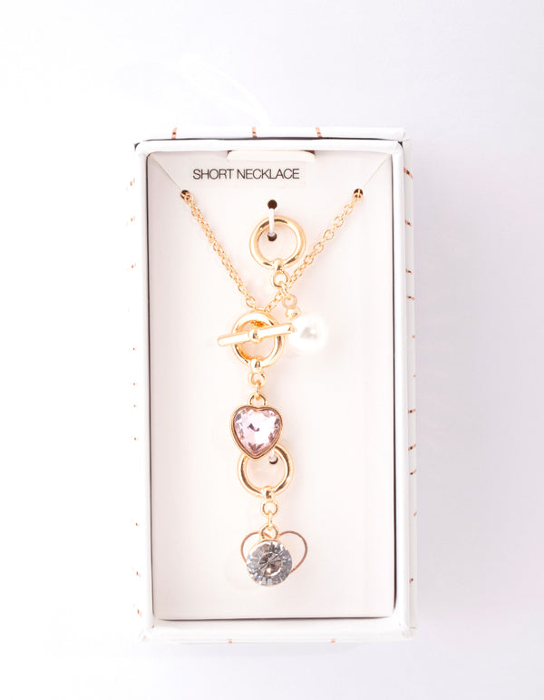 Gold Pearl & Diamante Heart Charm Necklace