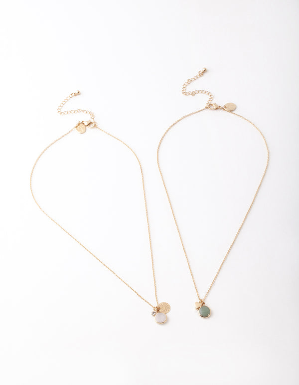 Gold Green & Pink Stone Charm Necklace Pack