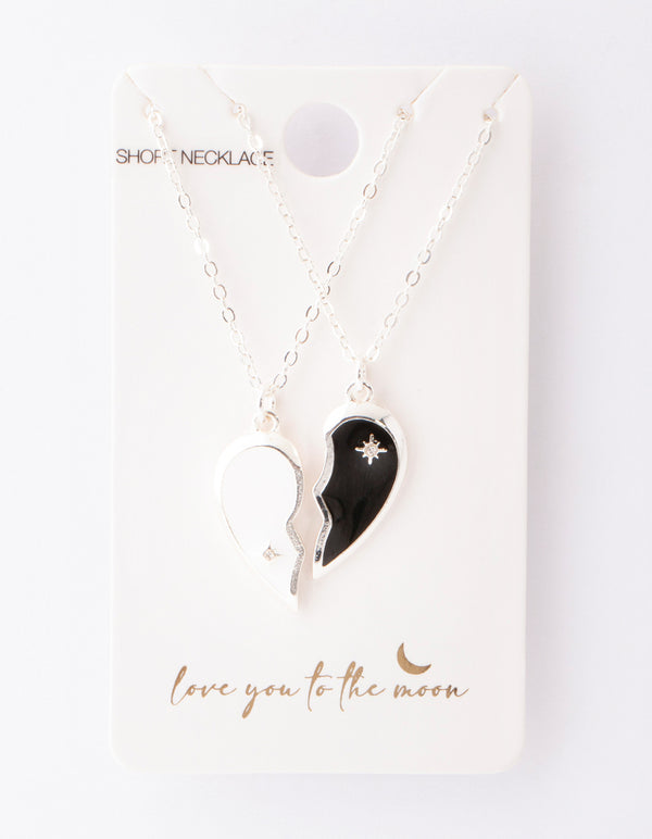 Silver Black & White Half Heart Yin & Yang Necklace Pack