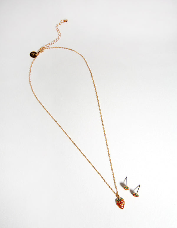 Gold Diamante Strawberry Necklace & Earrings Set