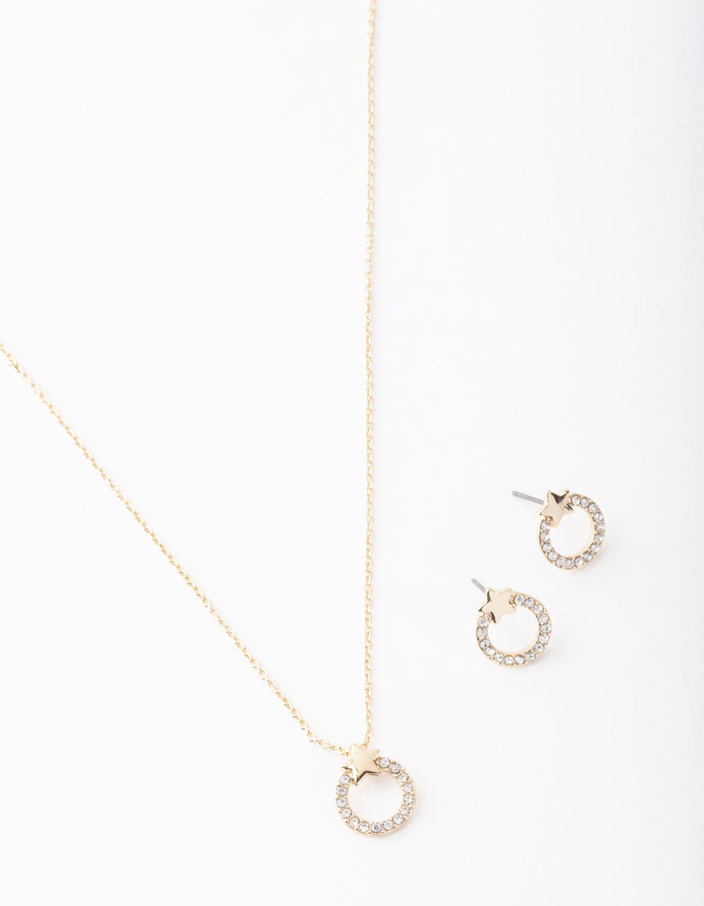 Gold Open Circle Diamante Necklace & Earrings Set