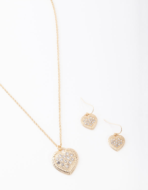 Gold Diamante Heart Necklace & Earring Set