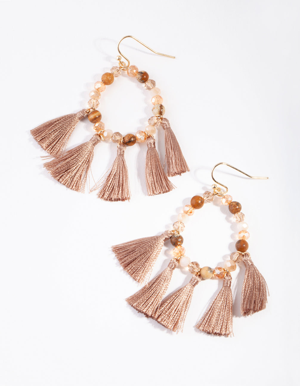 Gold Brown Beaded & Tassel Drop Earrings