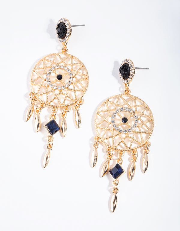 Gold Diamante Dreamcatcher Drop Earrings