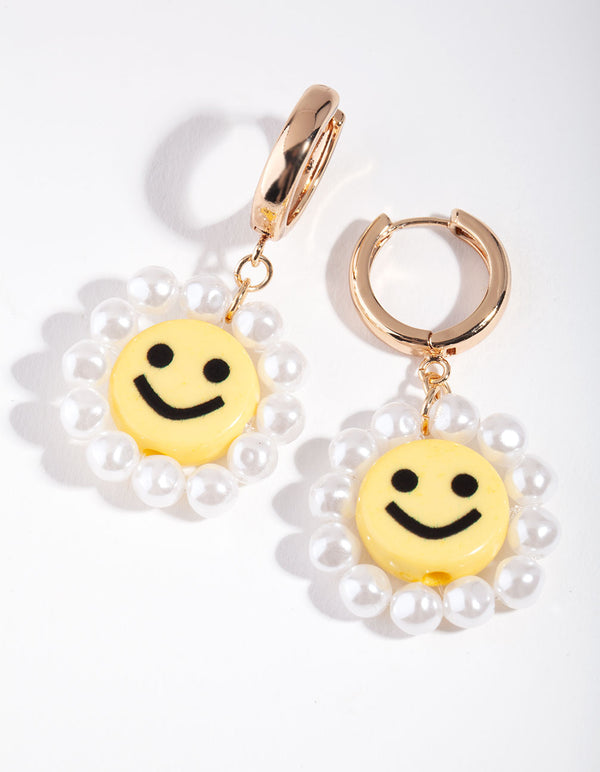Gold Smiley Pearl Drop Earrings
