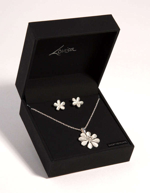 Silver Daisy Cateye Necklace & Earrings Set