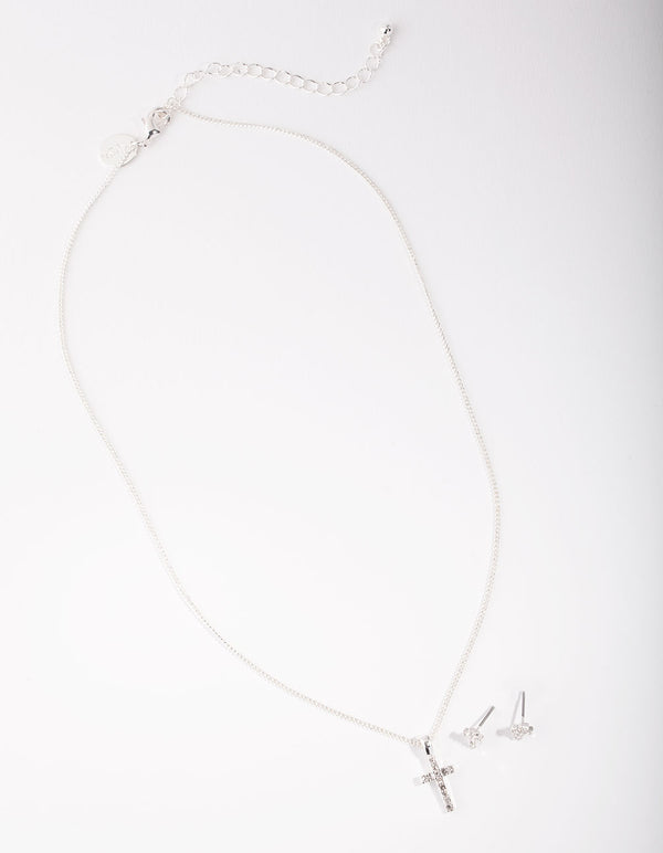 Silver Small Diamante Cross Necklace & Earrings Set