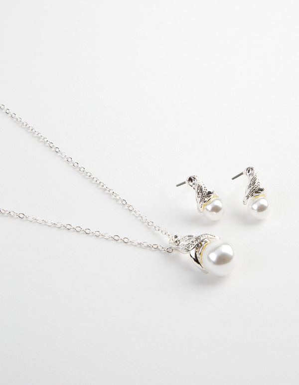 Silver Royal Pearl Necklace & Earrings Set