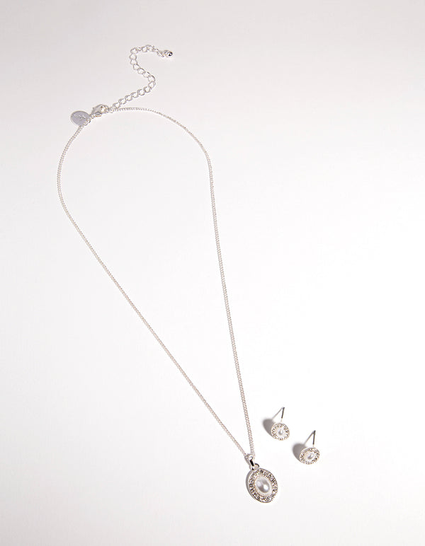 Silver Oval Pearl Diamante Necklace & Earrings Set