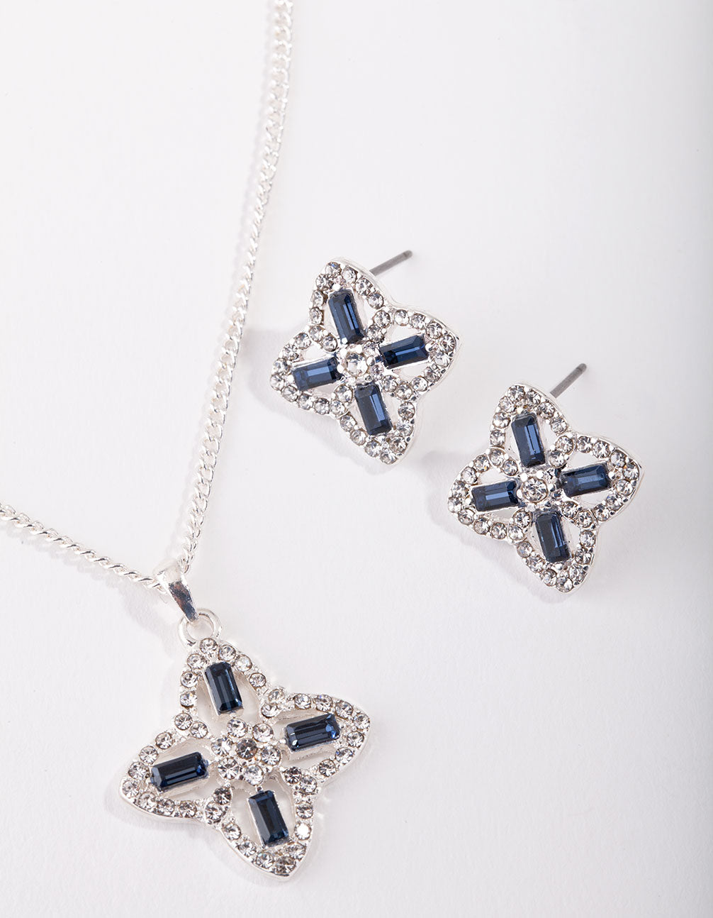 Silver Flower Diamante Stone Necklace & Earrings Set