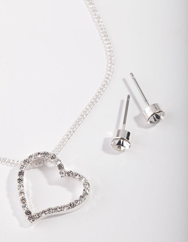 Silver Heart Pendant Necklace Earrings