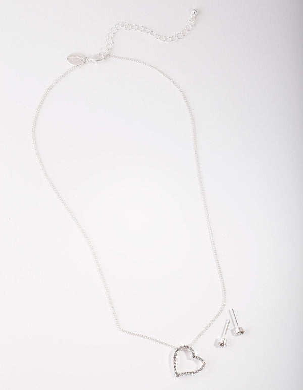 Silver Heart Pendant Necklace Earrings