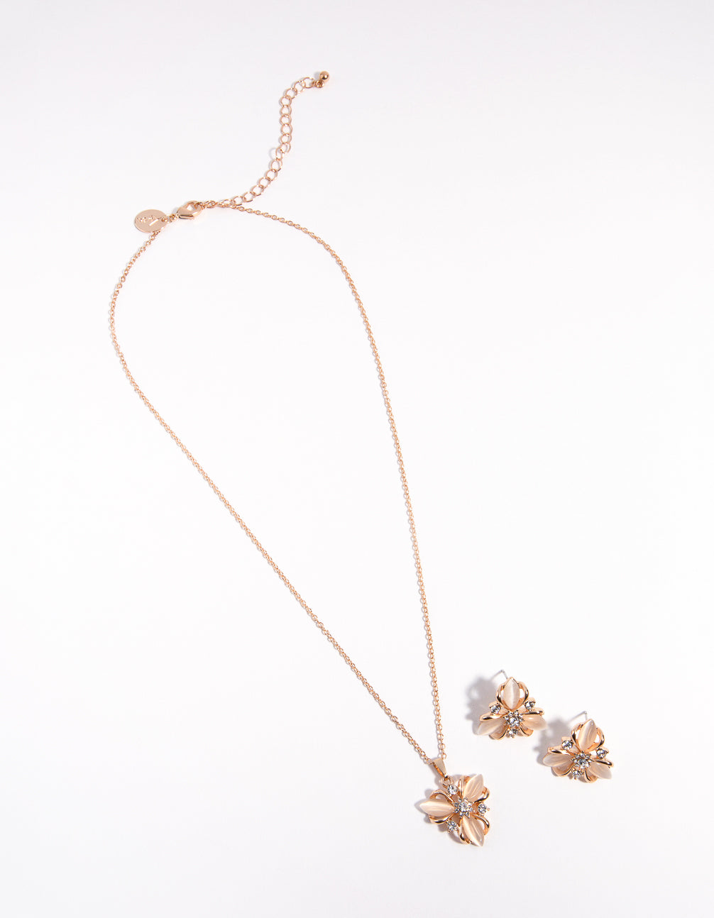 Gold Floral Cat Eye Necklace & Earrings Set