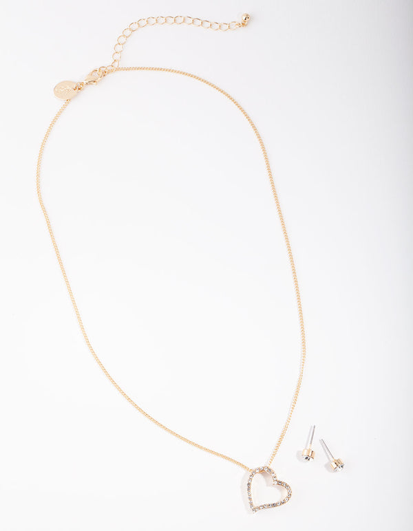 Gold Diamante Heart Pendant Necklace & Earring Set