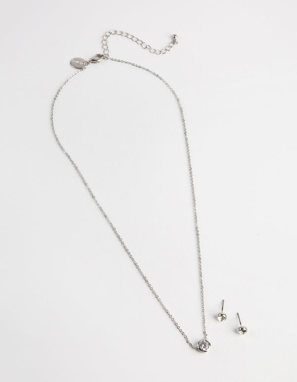 Silver Circle Diamante Pendant Necklace & Earrings Set
