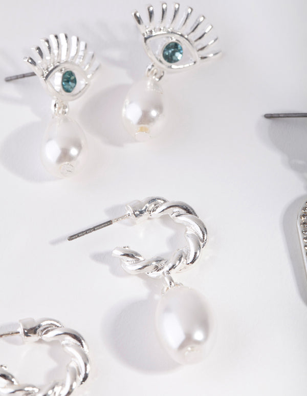 Silver Evil Eye Pearl Drop Pack Earring