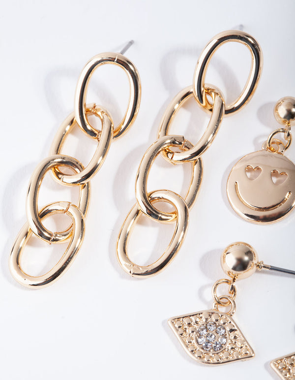 Gold Smiley Face Pack Drop Earring