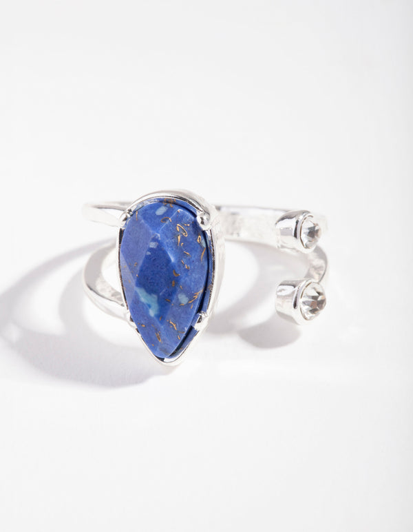 Silver Open Blue Crystal Stone Ring