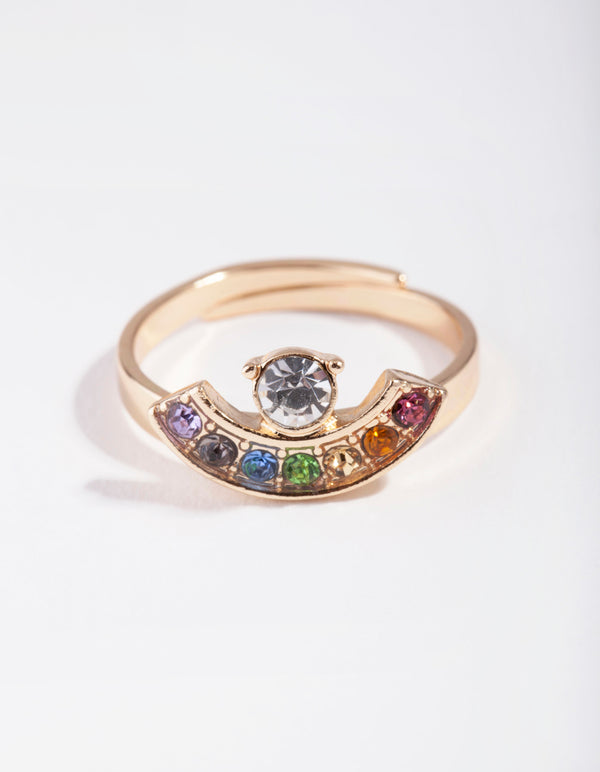 Gold Rainbow Diamante Cresent Ring