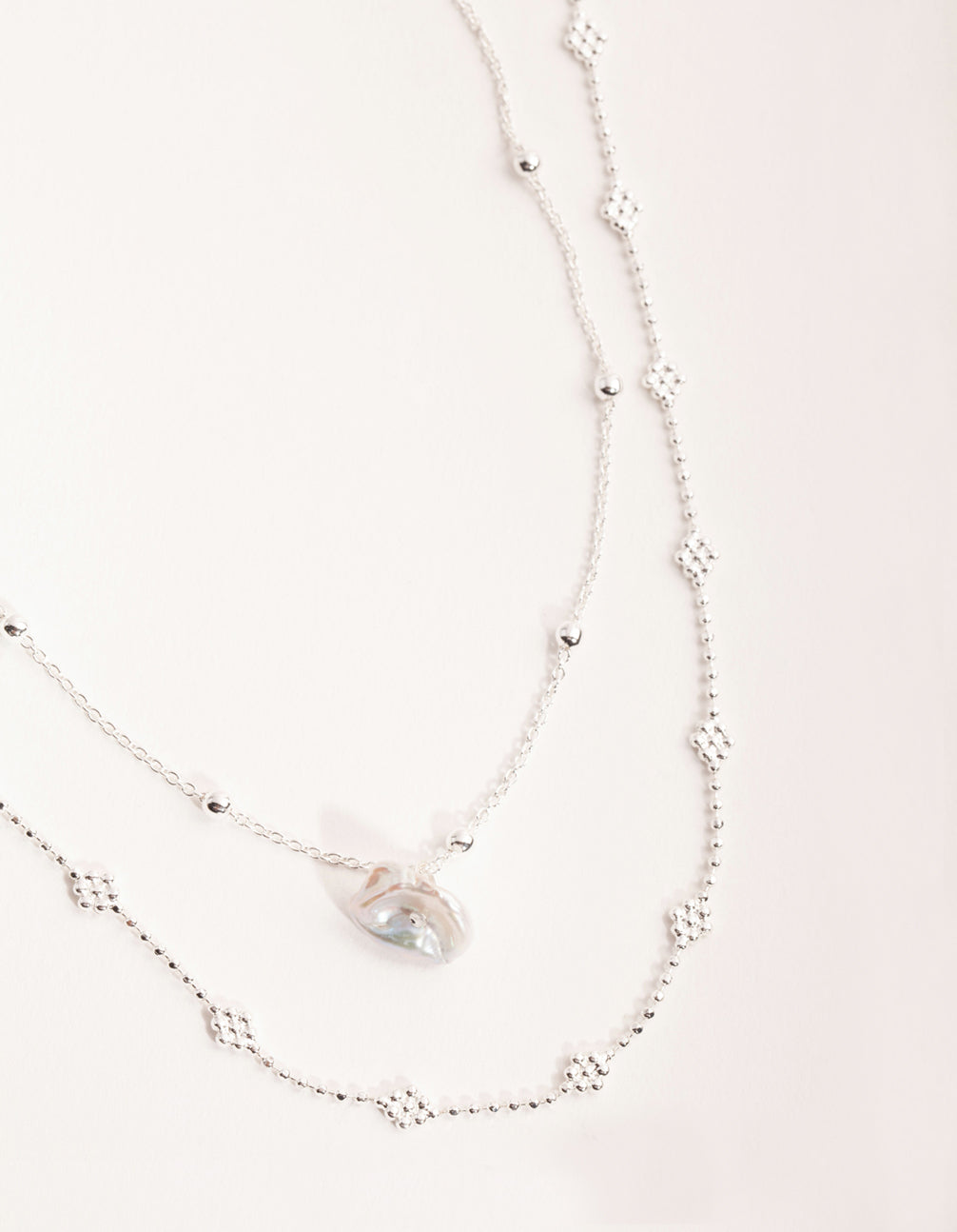 Silver Plated Mini Flower Ball & Pearl Drop Necklace