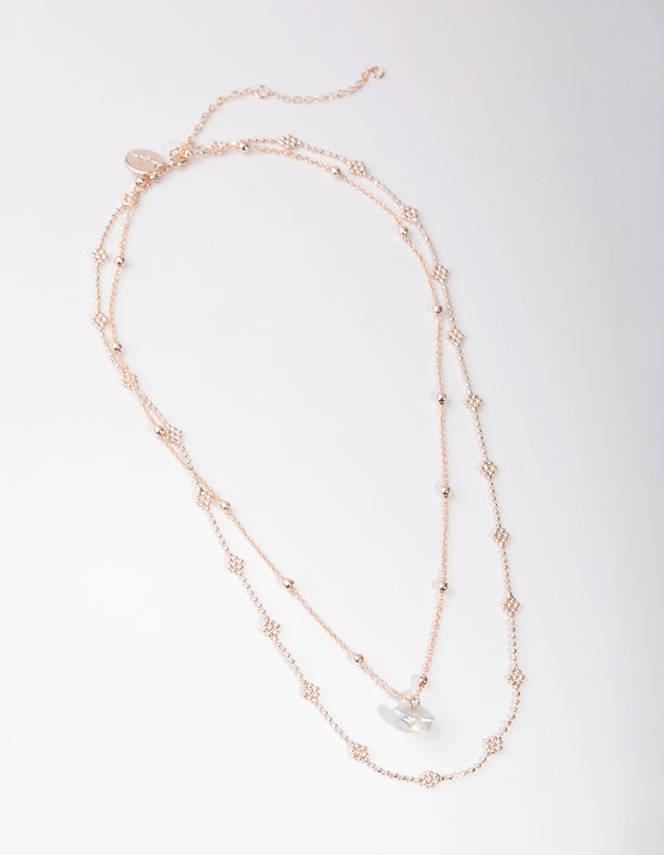 Rose Gold Plated Mini Flower Ball & Pearl Drop Necklace