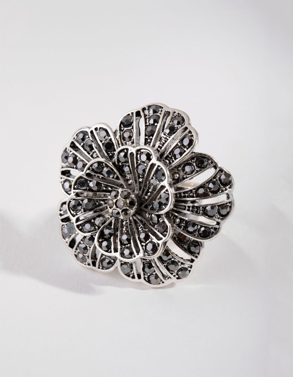 Antique Silver Diamante Flower Ring