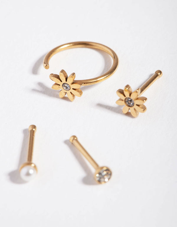 Surgical Steel Gold Flower Pearl Nose Stud 4-Pack