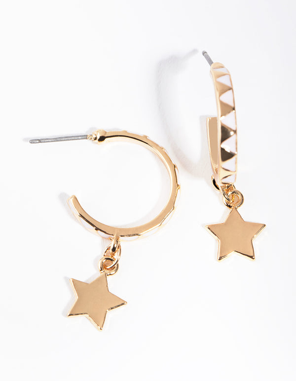Gold Enamel Zigzag Star Hoop Earrings
