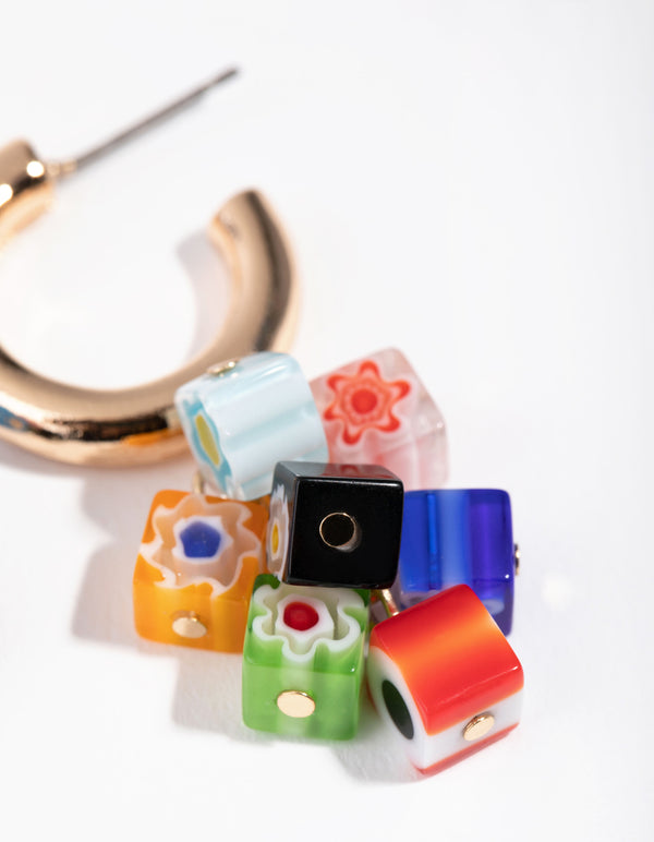 Gold Ceramic Cubes Hoop Earrings