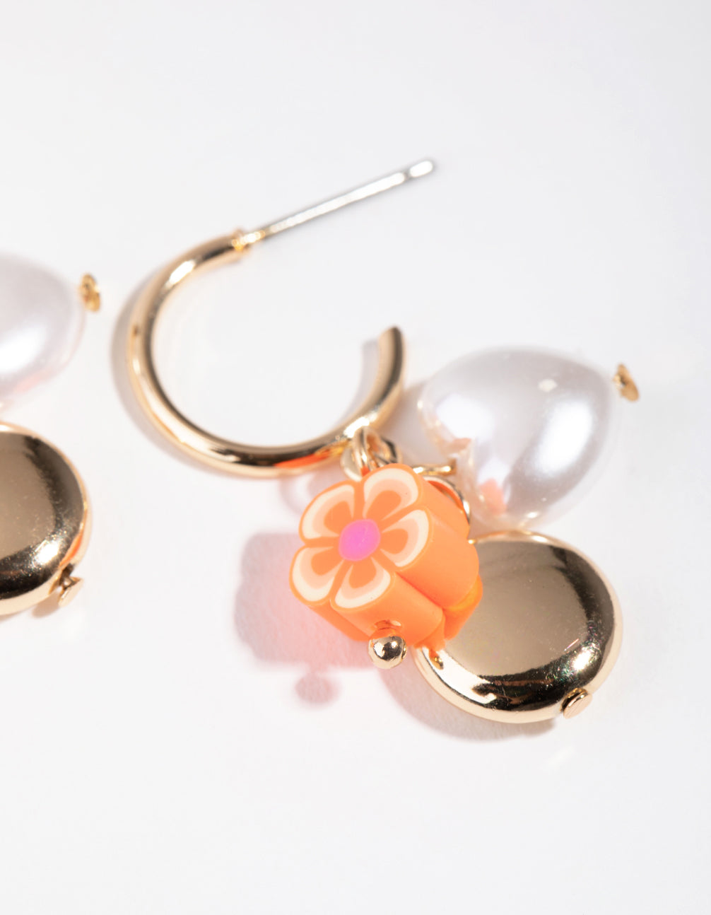 Gold Heart Pearl Charm Hoop Earrings