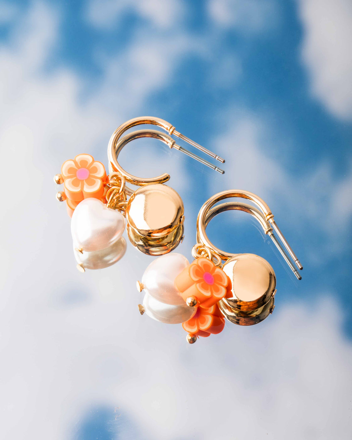 Gold Heart Pearl Charm Hoop Earrings