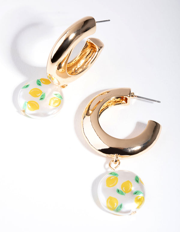 Gold Lemon Disc Hoop Earrings