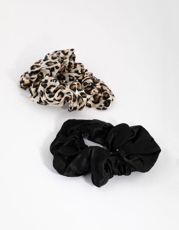 Black & Leopard Silk Scrunchie Pack